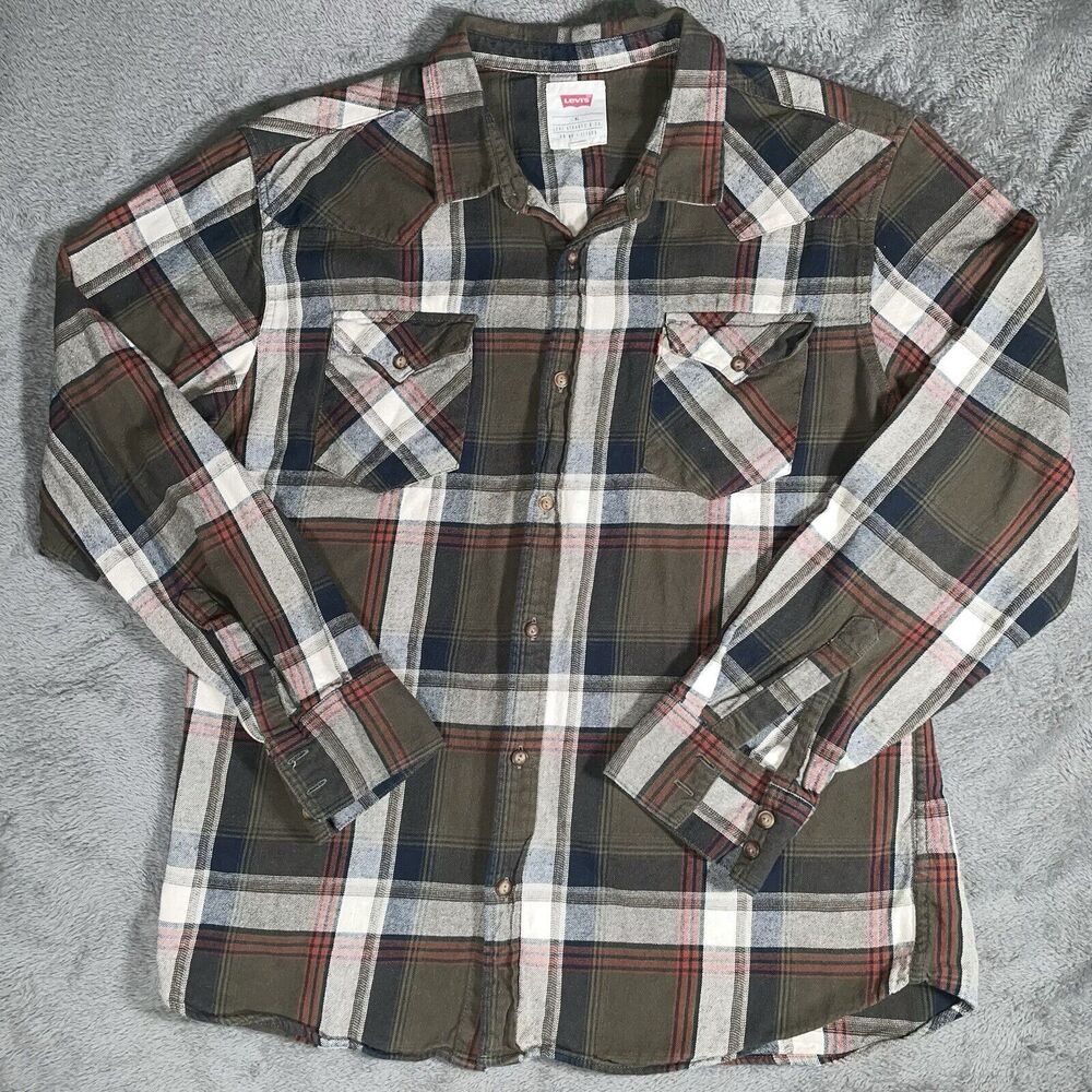 Levi’s Strauss & Co. Jeanswear Plaid Long Sleeve Shirt Mens XL OLIVE GREEN WHITE